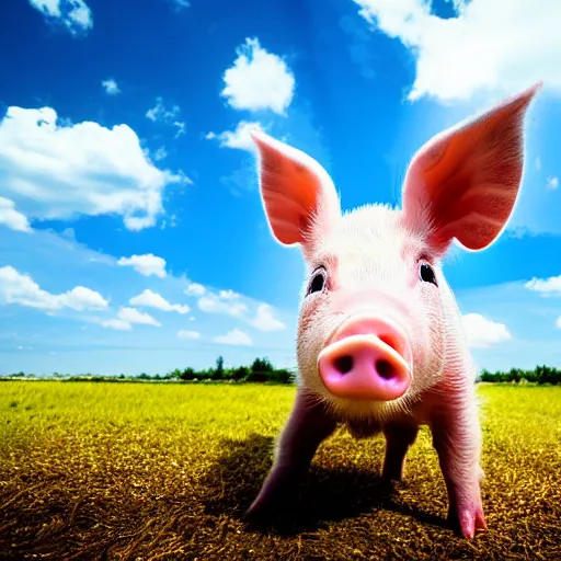 Image similar to photograph of baby pig with big ears as wings flying over romanian village, a blue sky, bokeh, dramatic lighting, professional photography