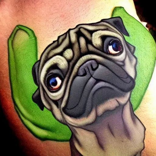 Image similar to pug dog turning into the Incredible Hulk, green skin, angry, torn clothes, marvel comics, cell animation, intricate detail,