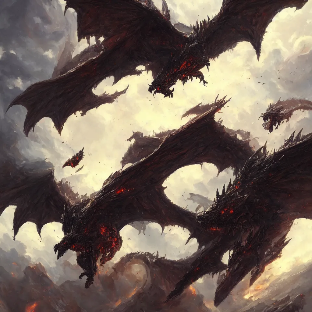 Image similar to oil painting of deathwing dragon flying down on earth by greg rutkowski