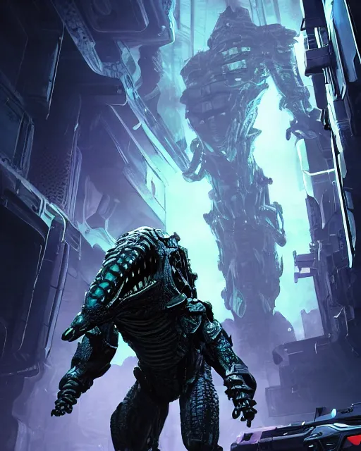 Image similar to Sci-Fi Crocodile alien, armored, big, attcking, shooting, art by Kashin, Wadim, Martinière, Stephan, Anton Fadeev, holding rifle, sharp focus, pitch black cursed evil Spaceship hallway, dark light, soft purple glow, heroic pose, sci-fi artwork, octane render, dead space artwork, cyberpunk, vivid colors, occult, magical, volumetric lighting, 8k high definition, highly detailed, trending on art Station, centered, by Greg Rutkovski, sci-fi artwork, arnold render