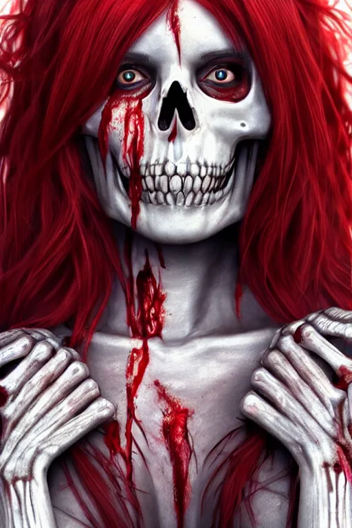 Image similar to skeleton black bones!!, covered with blood, jessica nigri face!!, long red hair, ultra realistic, concept art, intricate details, highly detailed, photorealistic, octane render, 8 k, unreal engine. retro film still, heavy grain, 3 5 mm, art by artgerm and greg rutkowski and alphonse mucha