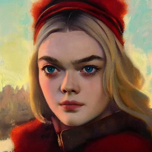 Prompt: ultra realistic portrait painting of elle fanning in soviet russia, art by frank frazetta, 4 k, ultra realistic, highly detailed, epic lighting