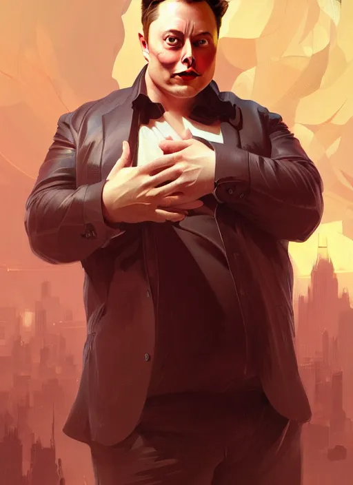 Image similar to obese elon musk, portrait, intricate, elegant, highly detailed, digital painting, artstation, concept art, wallpaper, smooth, sharp focus, illustration, art by artgerm and greg rutkowski and alphonse mucha