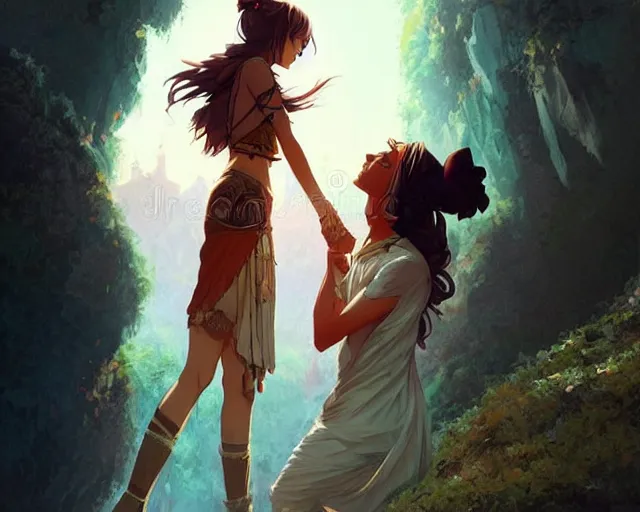 Image similar to a cinematic boy girl traditional romance moment, exploring the caves boho clothing, full body illustration, bestselling movie art poster, official media, 1970s fashion, dynamic lighting official anime media, incredible art by artgerm and greg rutkowski