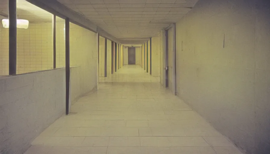 Prompt: 60s movie still of a sovietic stalinist style empty bunker hallway with yellow tiles, cinestill 800t 50mm eastmancolor, liminal Space style, heavy grain