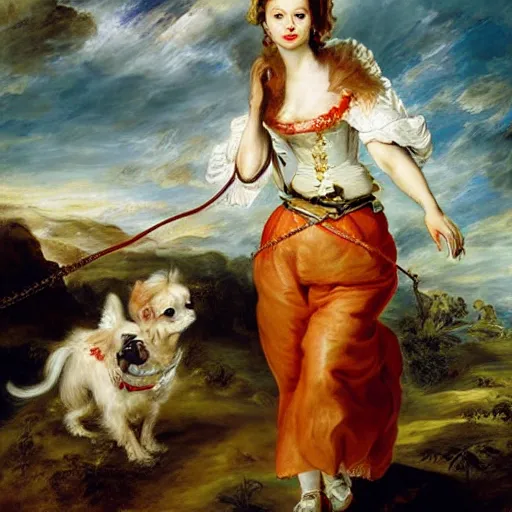 Prompt: heavenly summer sharp land sphere scallop well dressed lady walking her chihuahua on a leash auslese, by peter paul rubens and eugene delacroix and karol bak, hyperrealism, digital illustration, fauvist, chihuahua on a leash