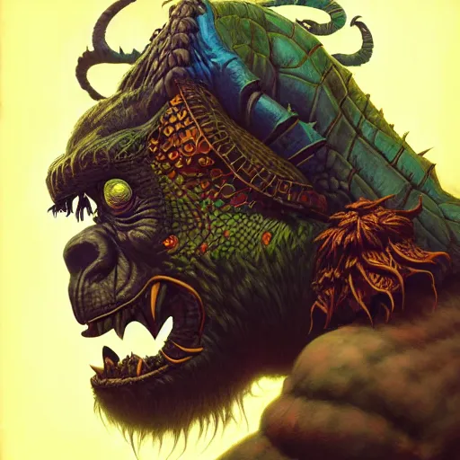 Image similar to side profile of barong family member, wiwek, mara demon, one single tribe member, jungle, one single mask, dark, ancient warrior, gorilla, lizard, tribal, inner glow, paint by peter mohrbacher and dan mumford and justin gerard