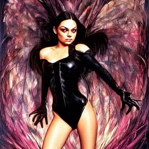 Image similar to mila kunis as the dark swan queen, black feathers instead of hair, feathers growing out of skin, black bodysuit, disney villain, dark fae, moulting, suspended in zero gravity, on spaceship with cables hanging down, highly detailed, mike mignogna, ron cobb, mucha, oil painting