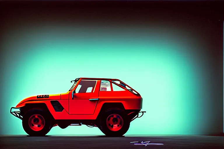 Image similar to designed by giorgetto giugiaro stylized poster of a single fj 4 0 concept, thick neon lights, ektachrome photograph, volumetric lighting, f 8 aperture, cinematic eastman 5 3 8 4 film