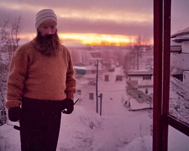 Image similar to lomographic tarkovsky film still of 4 0 years russian man with beard and sweater standing on small hrushevka 9 th floor balcony full with cigarette smoke in winter taiga looking at sunset, cinestill, bokeh