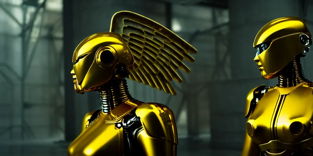 Prompt: film still of a mechanical angel with golden chromium alloy in a marvel movie, science fiction industrial hard science concept art, 8K render octane high definition cgsociety, photorealistic, unreal engine 5
