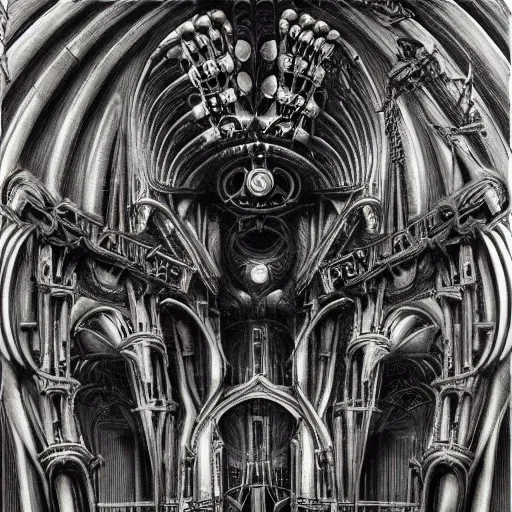 Prompt: biomechanical cathedral, h. r. giger