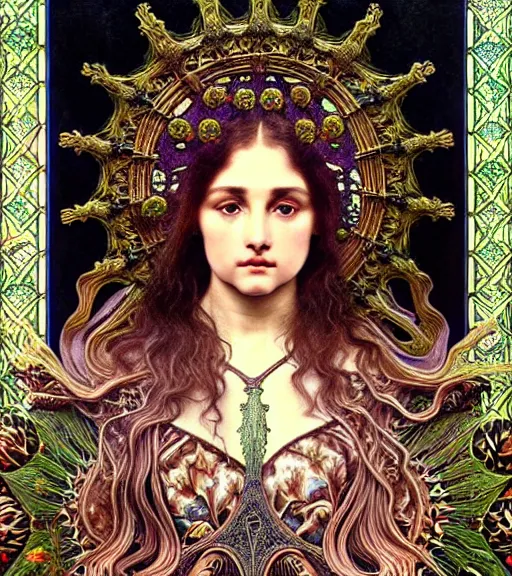 Image similar to hyperrealistic detailed face portrait of a beautiful young goddess morphing into a gothic cathedral, authentic ornamental architecture, intricate and highly detailed, awe inspiring art by ernst haeckel, h. r. giger, alphonso mucha, android jones, james jean, gothic, neo - gothic, heavily ornamental, nice deep colours,