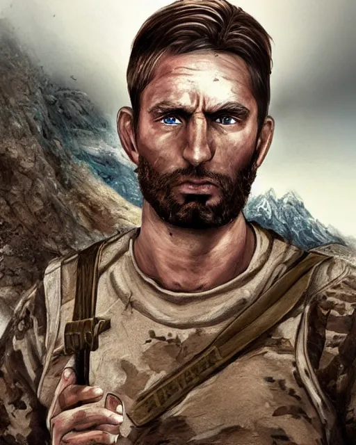 Image similar to portrait of muscular, tired and alcoholic 3 0 - year - old handsome man with short darkblonde hair, serious sad look in his eyes, dirty beard, blue eyes, wearing dirty soldier uniform, on the desert, hyper realistic face, beautiful eyes, character art, art by mark brooks, hyperdetailed, cryengine, trending on artstation, digital art