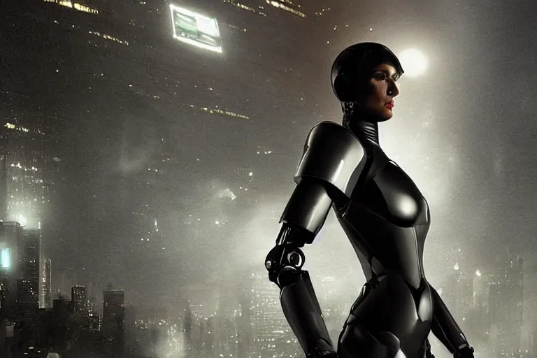 Image similar to VFX movie closeup portrait of a gorgeous futuristic robot woman in black spandex armor in future city, hero pose, beautiful skin, city night lighting by Emmanuel Lubezki