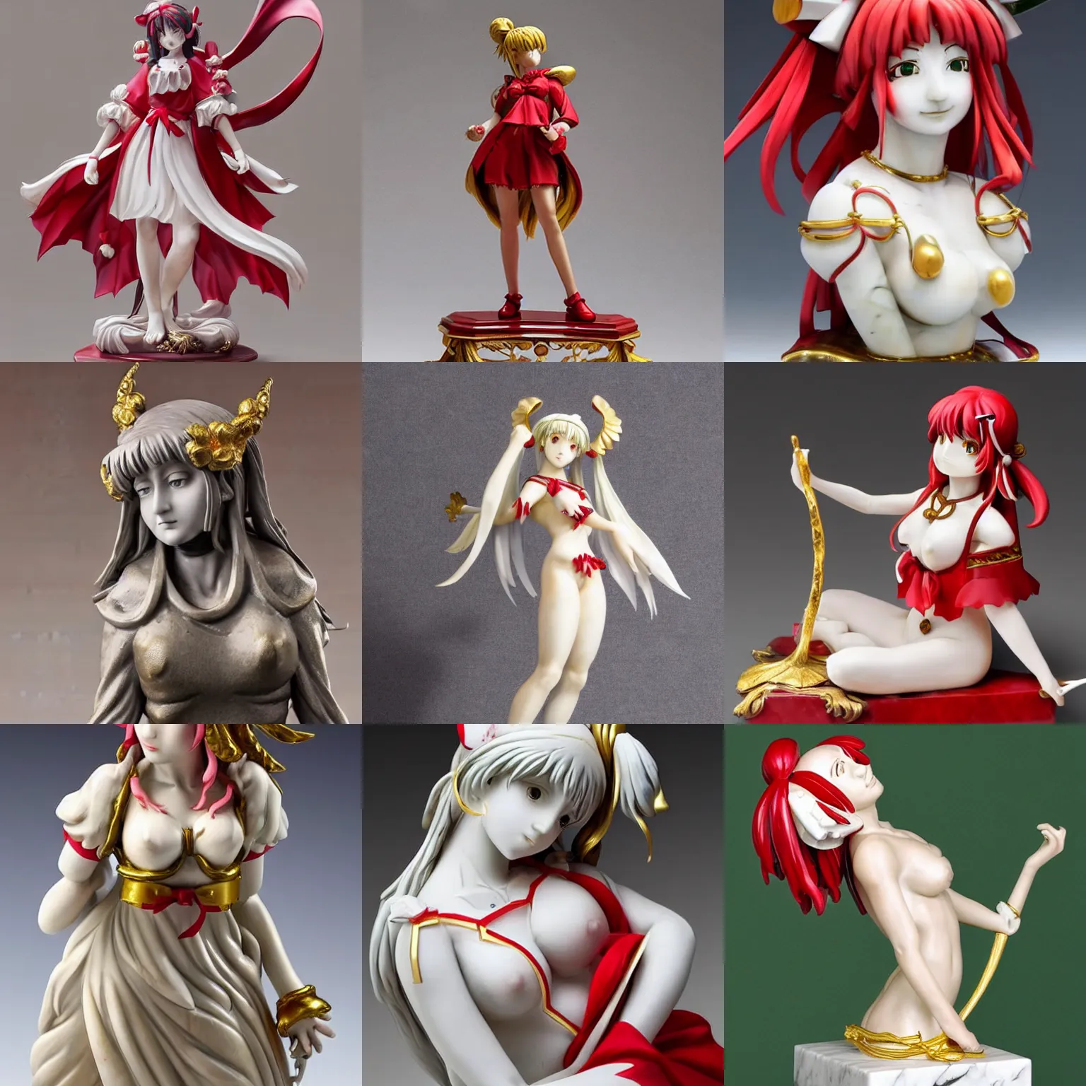 Prompt: a sculpture of reimu hakurei, marble, gold, masterpiece, anatomically correct, looks like a real girl