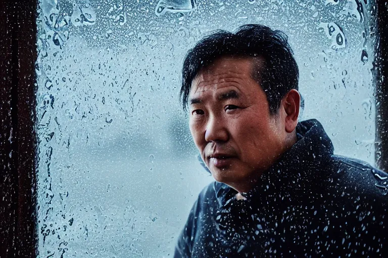 Prompt: a cinematic headshot portrait of a middle aged asian man, through a steamed up window, movie still, ocean background, waves, rain, dramatic lighting, back light, hair light, rim light, 4 k, ultra realistic