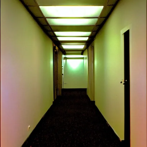 Image similar to a dark figure at the end of a creepy empty office hallway. found footage craiglist photo. in color