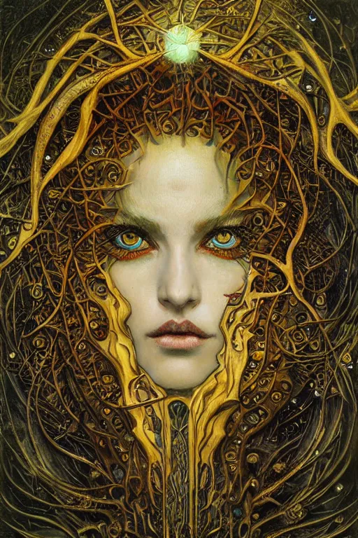 Prompt: Heart of Thorns by Karol Bak, Jean Deville, Gustav Klimt, and Vincent Van Gogh, otherworldly, fractal structures, arcane, prophecy, ornate gilded medieval icon, third eye, spirals