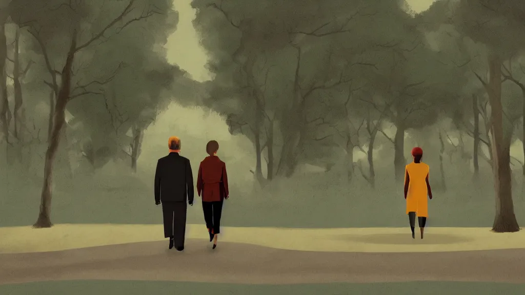 Prompt: A stroll in the park, in the style of David Lynch, by Wes Anderson, concept art, artstation