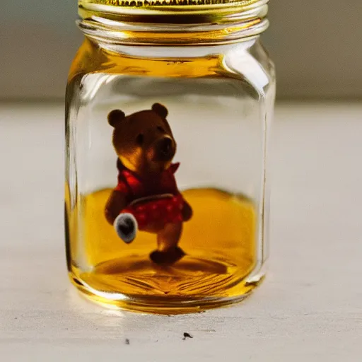 Image similar to a tiny winnie the pooh head = a jar of honey, surreal, realism