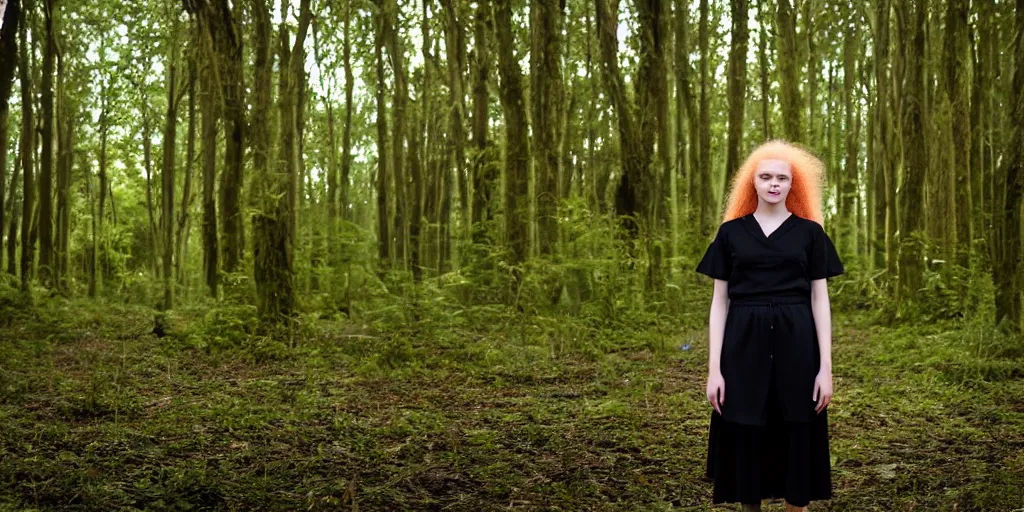 Image similar to a strawberry blonde frizzy haired teenage girl in a floor length black skirt and a short sleeved dark green blouse stands in a dark forest dimly lit by blue light