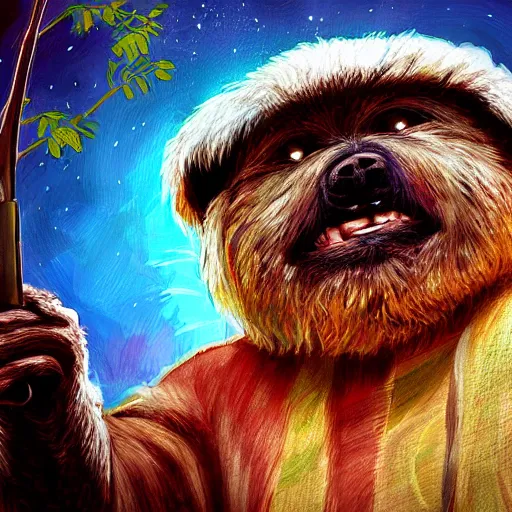 Prompt: ewok watching a movie from his bed, digital art, colourful