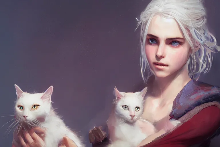 Image similar to Ciri holding a cat, beautiful lighting, expressive oil painting, trending on artstation, digital art, by Yoshitaka Amano