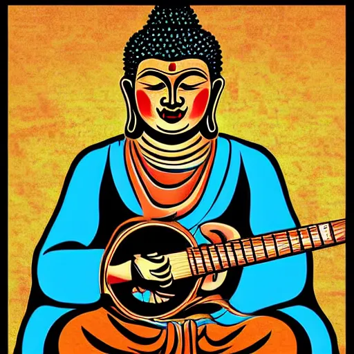 Image similar to buddha playin guitar with his band. symmetrical anatomy, very detailed design, complexity of the picture, with pop punk style, colorful, accompanied by body, pure image without duplication, trending dribble, drawn by vinicius gud and gustavo zambelli