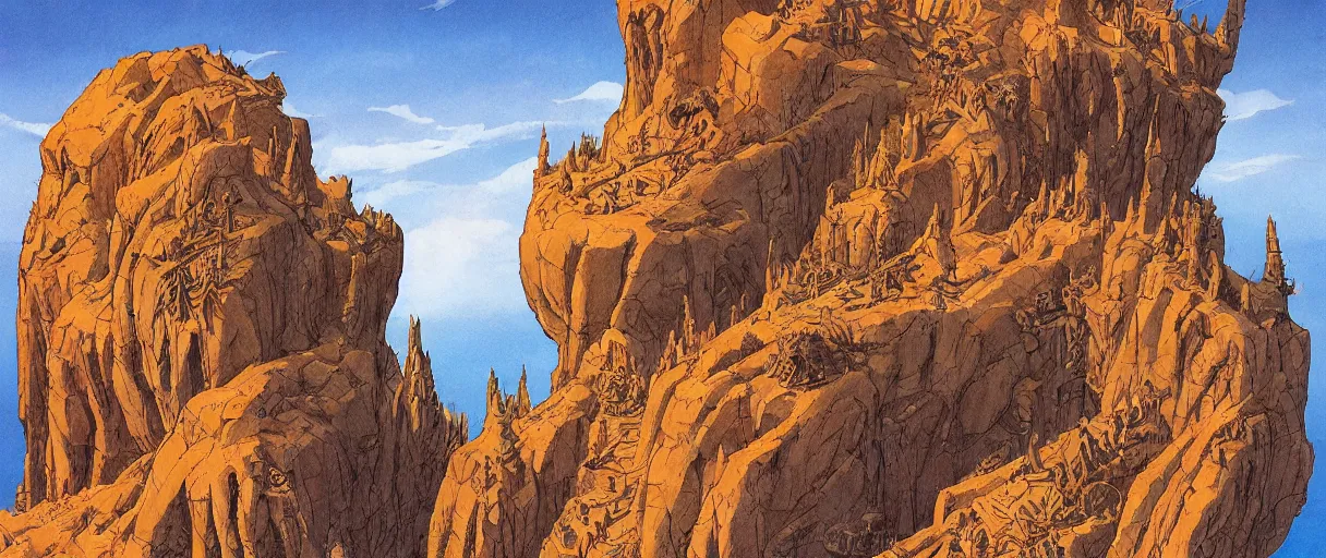 Prompt: A beautiful illustration of anthropomorphic Feline warriors statues carved in cliffsides by Robert McCall and Ralph McQuarrie | sparth:.1 | Graphic Novel, Visual Novel, Colored Pencil, Comic Book:.2 | unreal engine:.5 | establishing shot