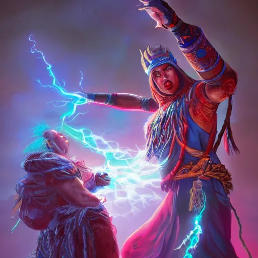 Image similar to shaman casting a lightning spell, d & d style, trending on artstation, colorful, intricate, art by kev chan