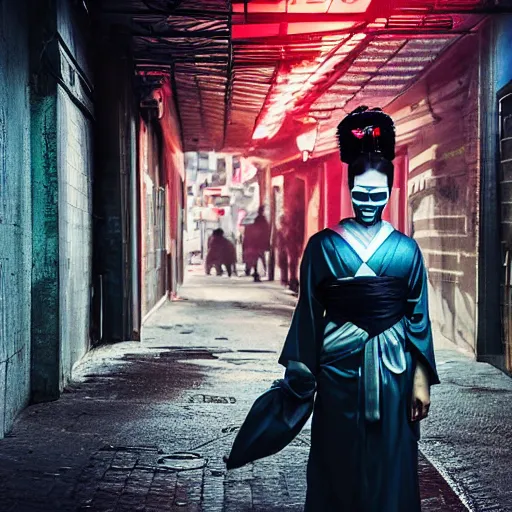 Image similar to a hyper realistic stunningly cyborg tradition geisha photograph, covering face with a intricate sci - fi fan, in a dark street, metal gear solid, dark moody backlighting, ray tracing, octane render,