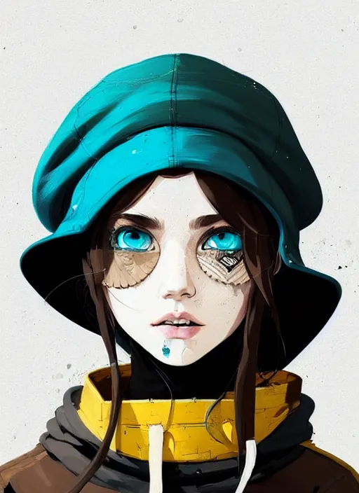 Image similar to highly detailed portrait of a sewer punk lady student, blue eyes, leather hoodie, hat, white hair by atey ghailan, by greg tocchini, by james gilleard, by kaethe butcher, gradient yellow, black, brown and cyan color scheme, grunge aesthetic!!! ( ( graffiti tag wall background ) )