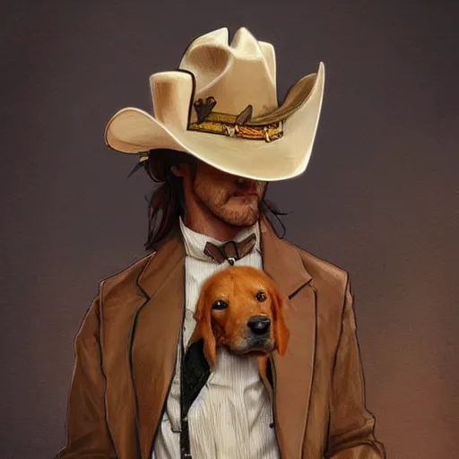 Image similar to Golden Retriever dressed as a Cowboy, highly detailed, digital painting, artstation, concept art, smooth, sharp focus, illustration, art by artgerm and greg rutkowski and alphonse mucha