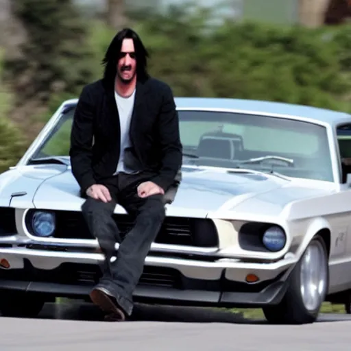 Image similar to Keanu Reeves driving ford mustang