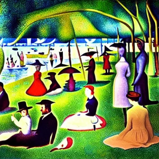Image similar to sunday on la grande jatte, painted by dali