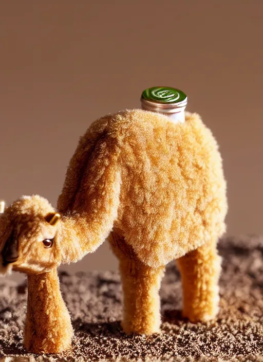 Image similar to 80mm resin detailed miniature of fluffy camel in desert, coca cola in camel head, in background there is fir, Product Introduction Photos, 4K, Full body, simple background