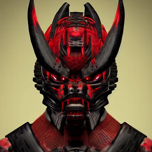 Image similar to a vivid portrait of a predator samurai, trending on artstation, scary, intimidating, dark, unreal engine, studio lighting, black and red color scheme