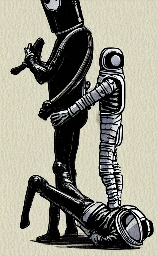 Image similar to man with a horse mask is standing on crawling astronaut, concept art, monthy python sketch, high fidelity details