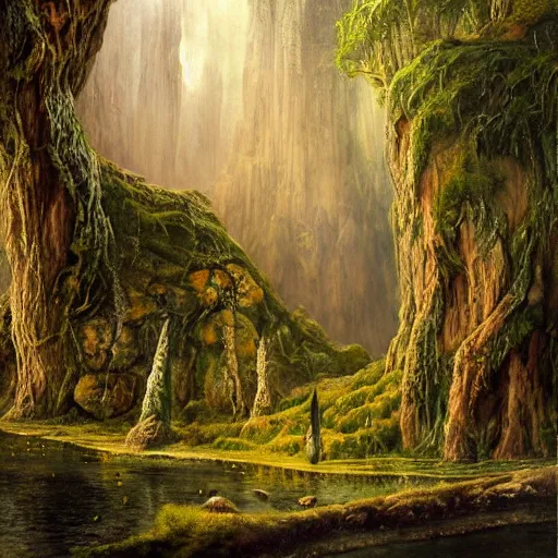 Image similar to a beautiful and highly detailed epic oil painting of an elven temple deep in the misty mountains, valley of dreams, tall trees, ancient runes, intricate details, epic scale, insanely complex, 8 k, sharp focus, hyperrealism, fantasy landscape, psychedelic, by caspar friedrich, brian froud, albert bierstadt,