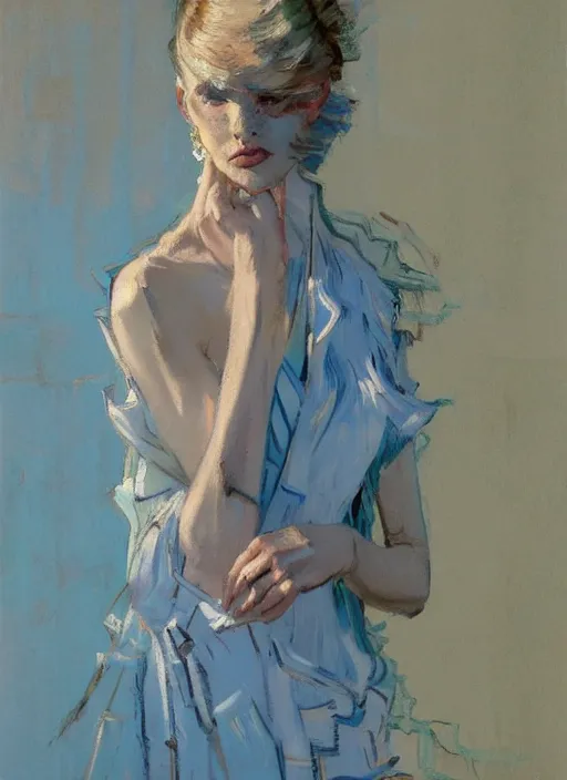 Prompt: portrait of a fashion model in luxury dress, pastel shades of light blue and light yellow, by greg rutkowski, by jeremy mann, by francoise nielly, by van gogh, official valentino editorial, highly detailed