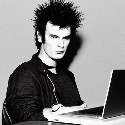 Prompt: A photo of Sid Vicious using a MacBook Pro