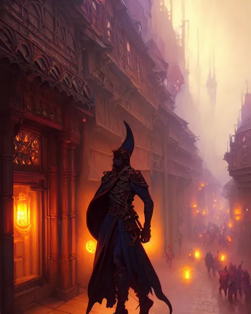 Image similar to the hero of ages walks upon the streets of waterdeep, dnd fantasy art, intricate, elegant, glowing lights, highly detailed, digital painting, artstation, sharp focus, illustration, art by wlop, mars ravelo and greg rutkowski, art by brom, artgerm and alphonse mucha, 8 k, highly detailed