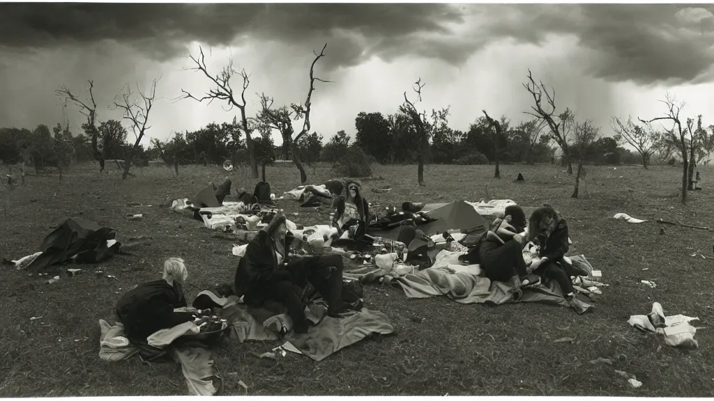 Prompt: climate change catastrophe, lightning, hurricane, hailstorm, gale-force winds, floods, as seen by a couple having picnic in a park, moody and dark large-format photography, wide angle