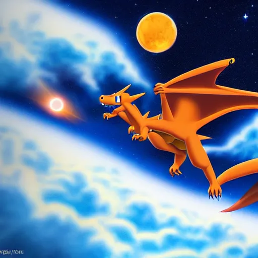 Image similar to ultra realistic charizard from real life flying into space and time above the clouds, the stars and galaxies are shining bright, ue 5, award winning, sharp focus, illustration