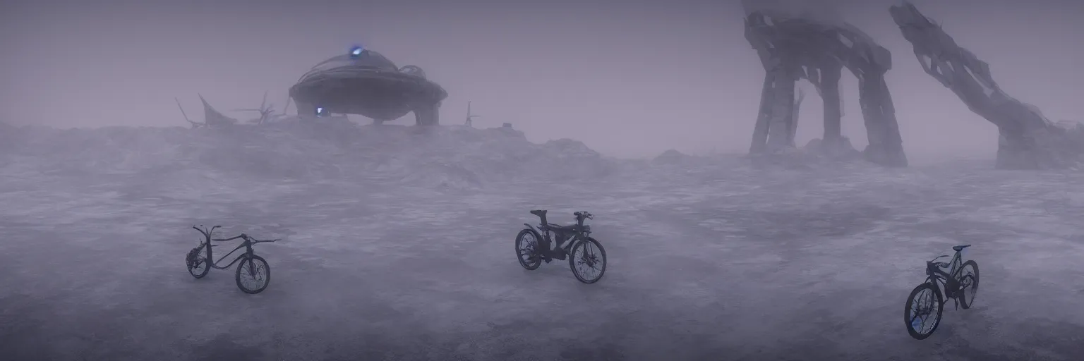 Image similar to desolated foggy cold landscape, tundra, fog , futuristic bike speeding, mountains with alien pylon outpost structure on top, fog, unreal engine 5, 4k, render, volumetric lighting, cinematic, hyperrealistic