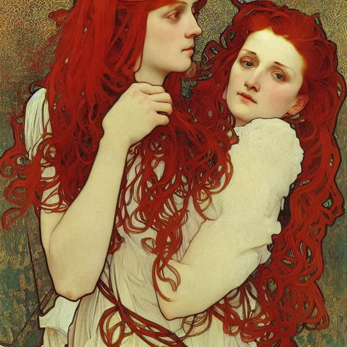 Prompt: A portrait of red-haired Shanks, full-length, oil painting in a renaissance style , very detailed, gold background, painted by Alphonse Mucha.