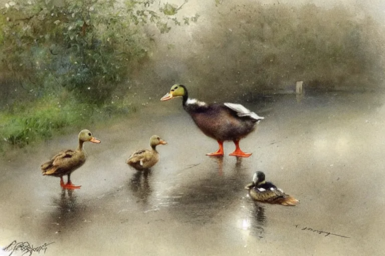 Image similar to ( ( ( ( ( ducks playing on wet road. muted colors. ) ) ) ) ) by jean - baptiste monge!!!!!!!!!!!!!!!!!!!!!!!!!!!