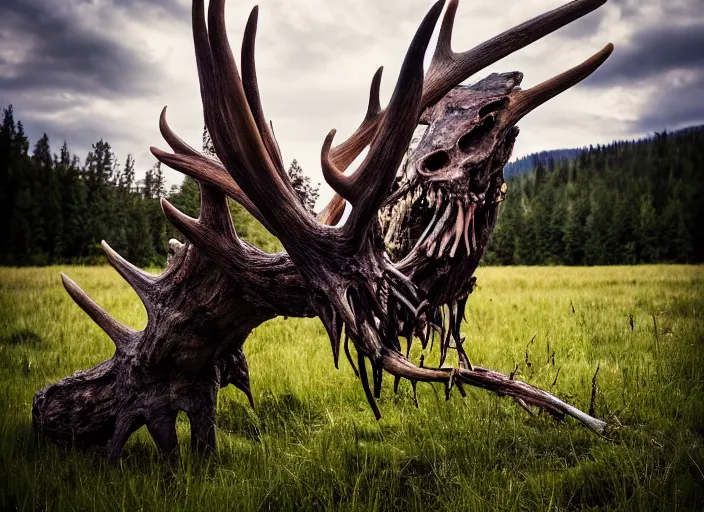 Image similar to photograph of a horrifying nature monster made of animal parts, tree parts, bones, antlers and an extremely long neck, in a meadow, dramatic lighting, full frame photography