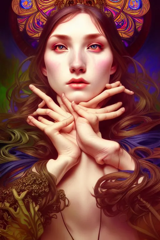 Image similar to overlord, psychedelic, portrait, highly detailed, deep focus, elegant, digital painting, smooth, sharp focus, illustration, ultra realistic, 8 k, art by artgerm and alphonse mucha